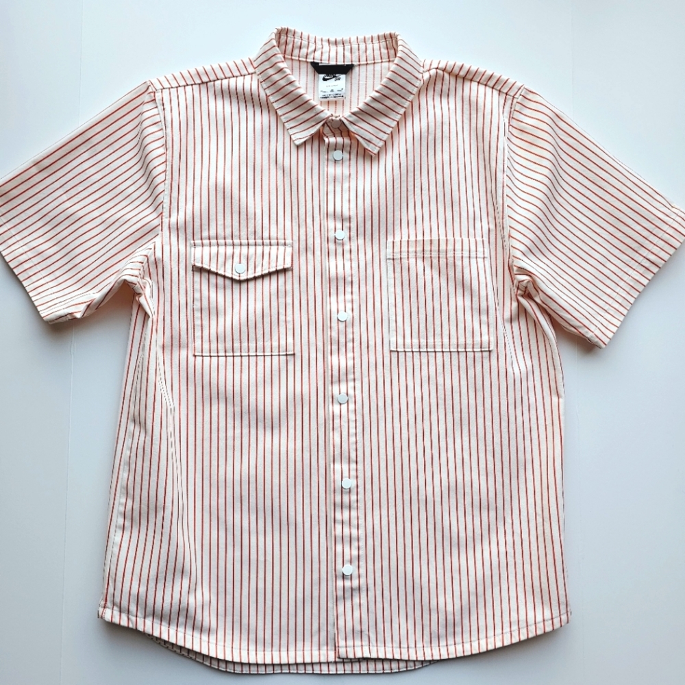 Nike Mens Skateboard Dry-Fit Snap buttonup Pinstripe White Red Polo Shirt